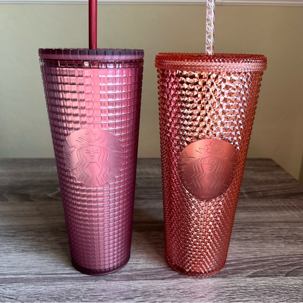 Two Starbucks Studded & Grid Cold Cups – Pink & Red – Venti 24oz Tumblers